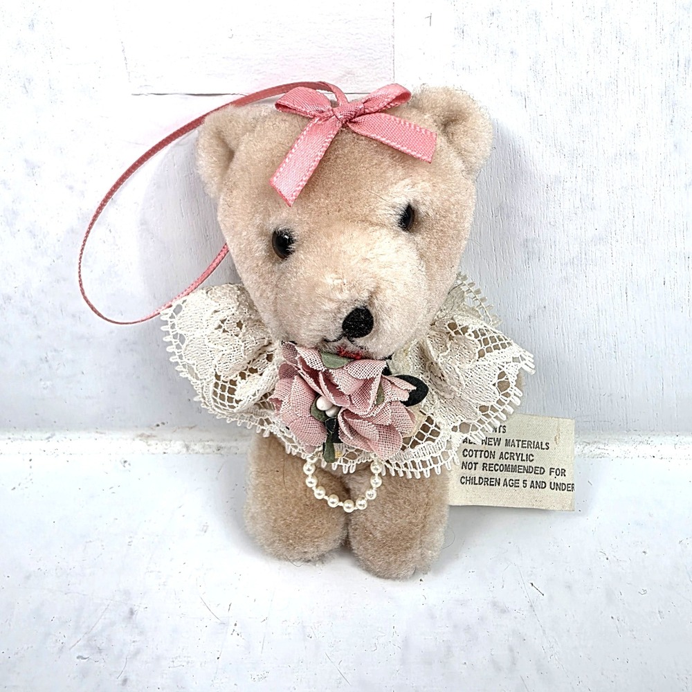 Vtg Kel-toy Mini Teddy Bear Victorian Themed Lace Collar Fridge Magnet Ornament
